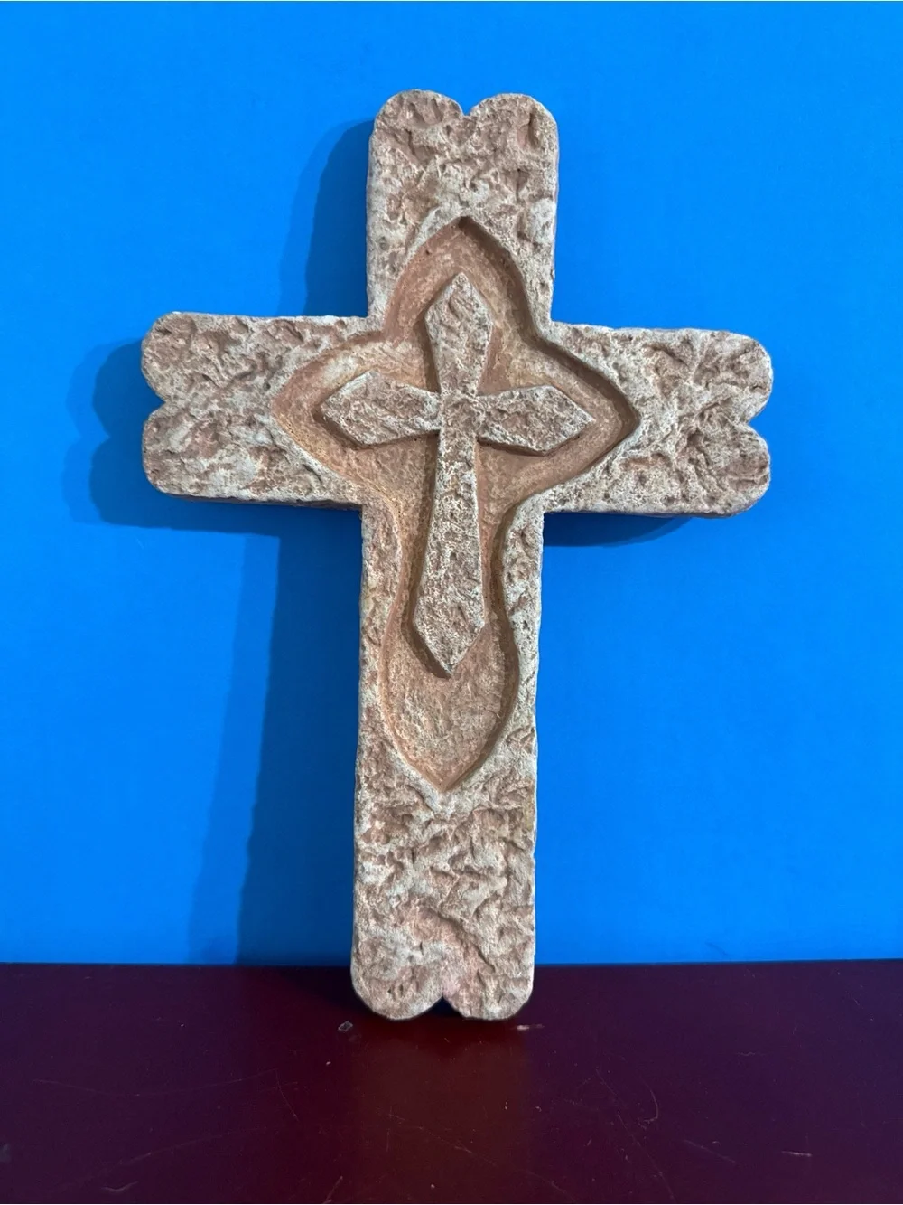 Carved Stone style Wall Cross - Warm Terracotta Finish